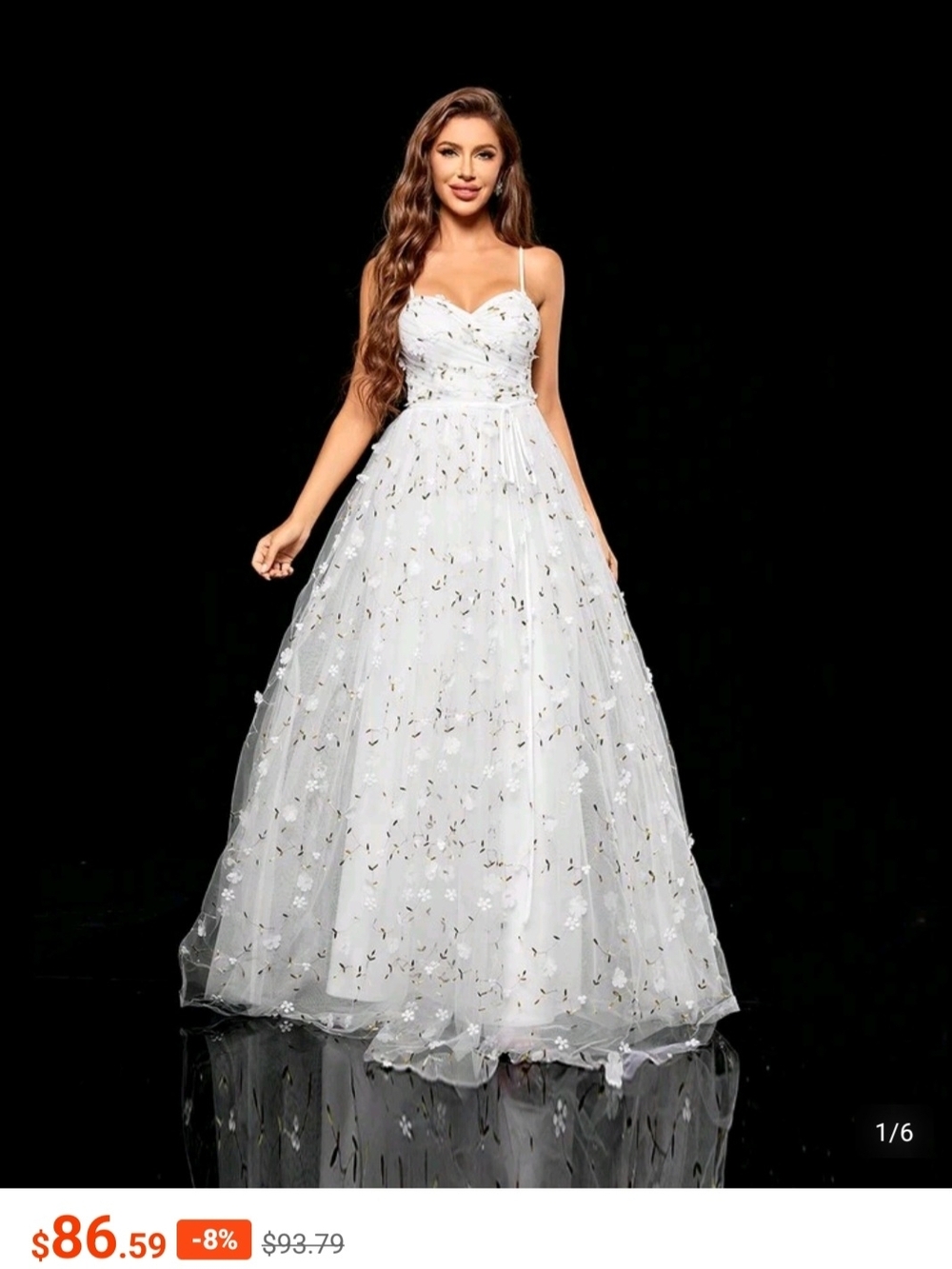 White Spaghetti-Strap Floral Appliqué Tulle Evening Dress